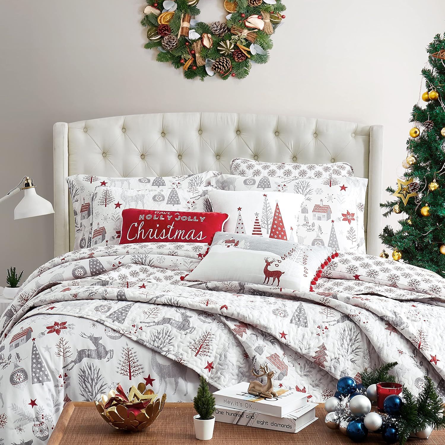 Southshore Fine Living, Inc. Holly Jolly Christmas Quilt Set, King/Cal King Size 6-Piece Christmas Bedding Set w/Shams & Throw Pillows; Reversible Quilt, Christmas Trees & Reindeer Print, Red & White - Grand Goldman