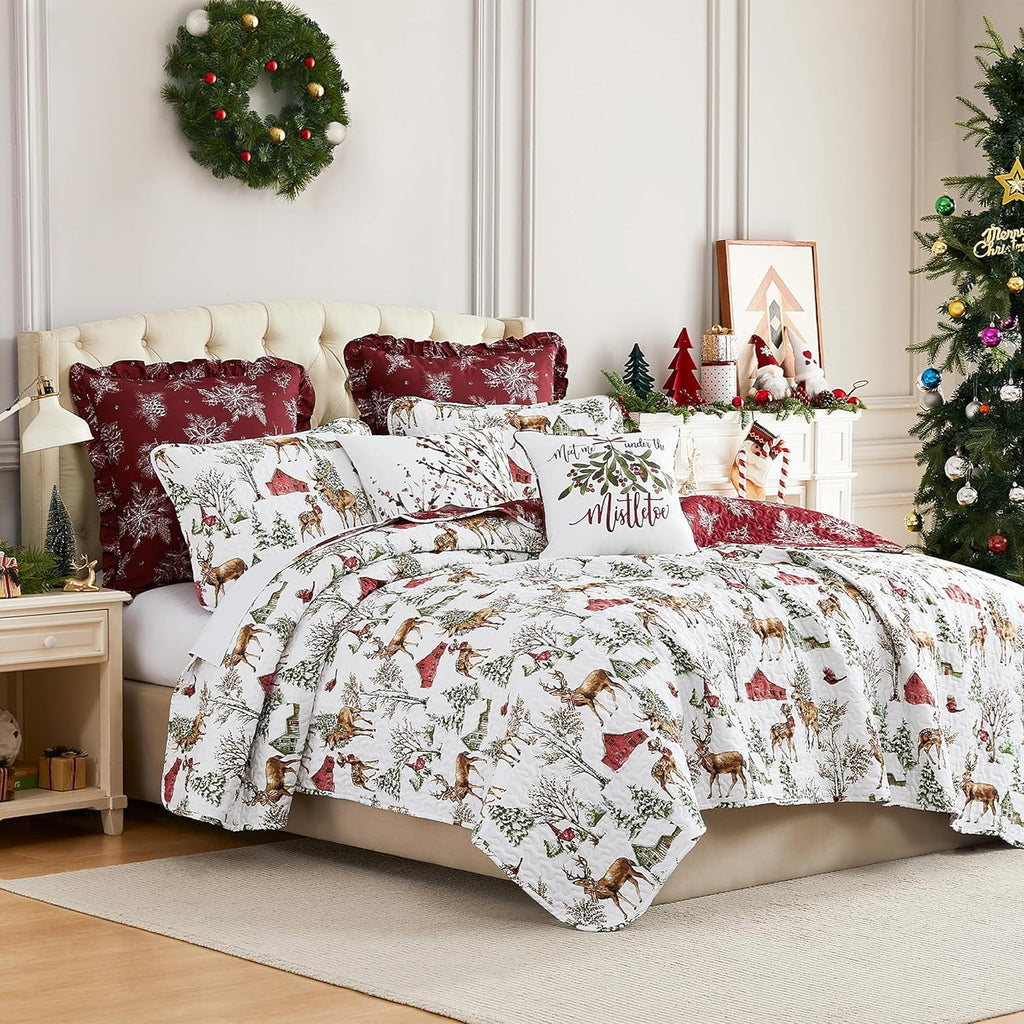 Southshore Fine Living, Inc. Holly Jolly Christmas Quilt Set, King/Cal King Size 6-Piece Christmas Bedding Set w/Shams & Throw Pillows; Reversible Quilt, Christmas Trees & Reindeer Print, Red & White - Grand Goldman