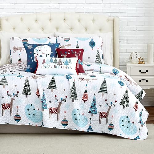Southshore Fine Living, Inc. Holly Jolly Christmas Quilt Set, King/Cal King Size 6-Piece Christmas Bedding Set w/Shams & Throw Pillows; Reversible Quilt, Christmas Trees & Reindeer Print, Red & White - Grand Goldman
