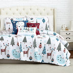 Southshore Fine Living, Inc. Holly Jolly Christmas Quilt Set, King/Cal King Size 6-Piece Christmas Bedding Set w/Shams & Throw Pillows; Reversible Quilt, Christmas Trees & Reindeer Print, Red & White - Grand Goldman