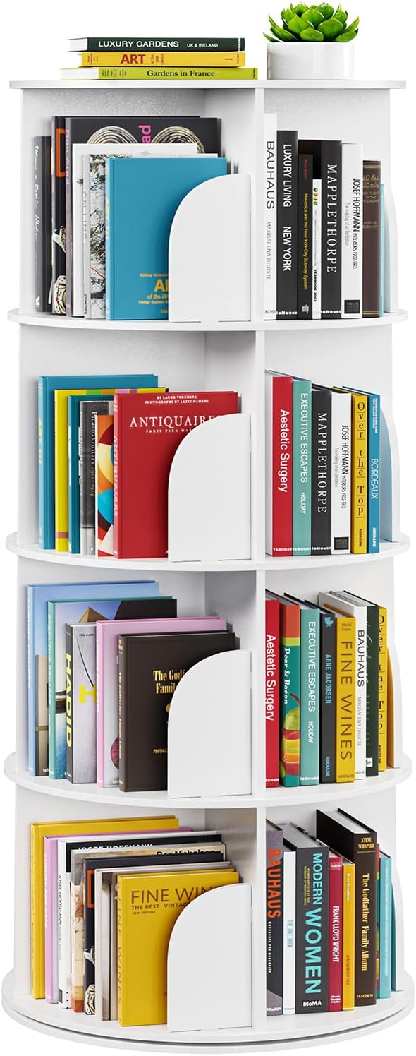 SpaceAid 4 Tier Rotating Bookshelf Tower, Spinning Bookcase Lazy Susan, Revolving 360 Book Shelf Storage Round Carousel, Vertical Rotate Turning Spiral Corner Organizer, White - Grand Goldman