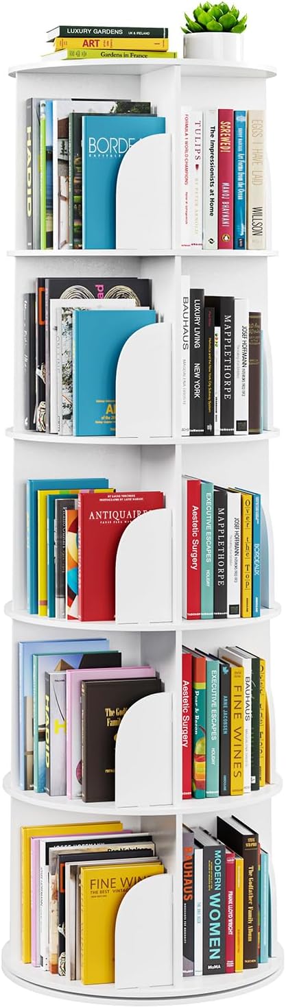 SpaceAid 4 Tier Rotating Bookshelf Tower, Spinning Bookcase Lazy Susan, Revolving 360 Book Shelf Storage Round Carousel, Vertical Rotate Turning Spiral Corner Organizer, White - Grand Goldman
