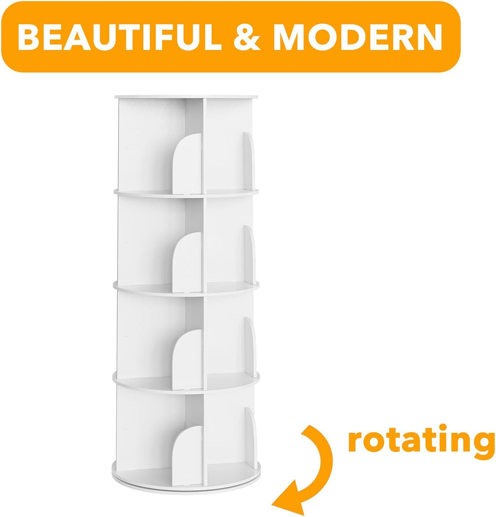 SpaceAid 4 Tier Rotating Bookshelf Tower, Spinning Bookcase Lazy Susan, Revolving 360 Book Shelf Storage Round Carousel, Vertical Rotate Turning Spiral Corner Organizer, White - Grand Goldman