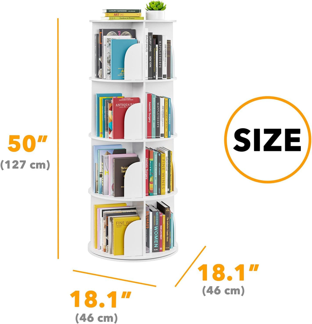 SpaceAid 4 Tier Rotating Bookshelf Tower, Spinning Bookcase Lazy Susan, Revolving 360 Book Shelf Storage Round Carousel, Vertical Rotate Turning Spiral Corner Organizer, White - Grand Goldman
