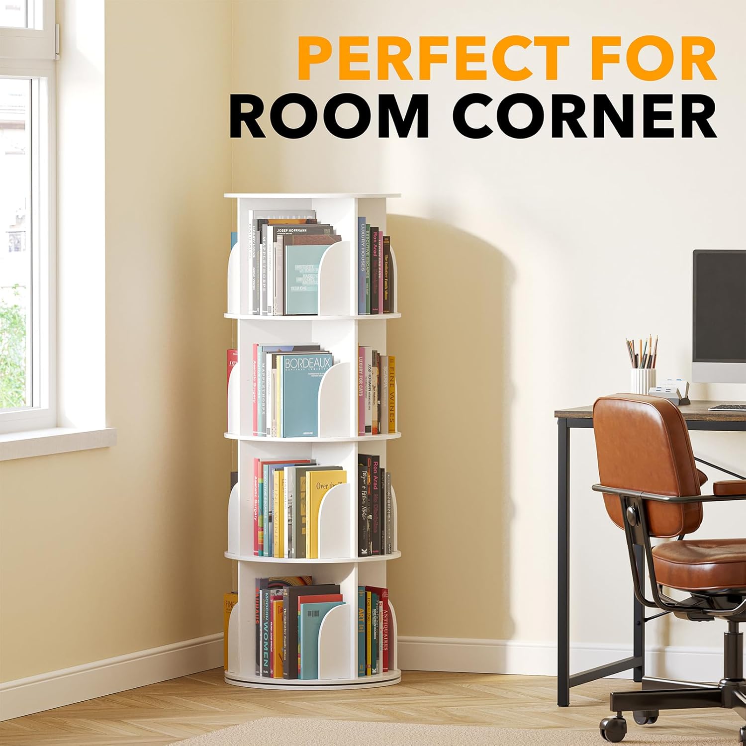 SpaceAid 4 Tier Rotating Bookshelf Tower, Spinning Bookcase Lazy Susan, Revolving 360 Book Shelf Storage Round Carousel, Vertical Rotate Turning Spiral Corner Organizer, White - Grand Goldman