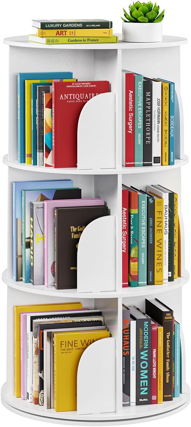SpaceAid 4 Tier Rotating Bookshelf Tower, Spinning Bookcase Lazy Susan, Revolving 360 Book Shelf Storage Round Carousel, Vertical Rotate Turning Spiral Corner Organizer, White - Grand Goldman
