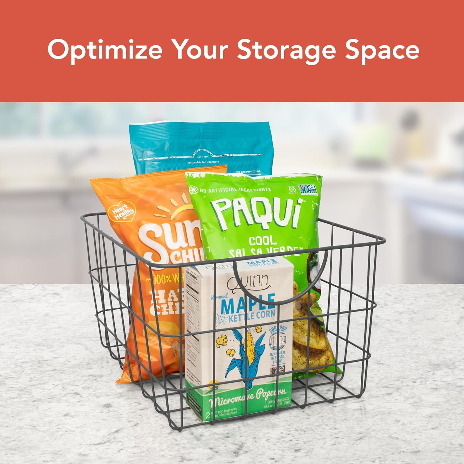 Spectrum Utility Wire Baskets for Organizing - Sturdy Steel Metal Basket Storage Organizer Bin with Handle - Open Wire Storage Baskets for Kitchen Pantry, Cabinets, Closet & Garage Shelves - Grand Goldman