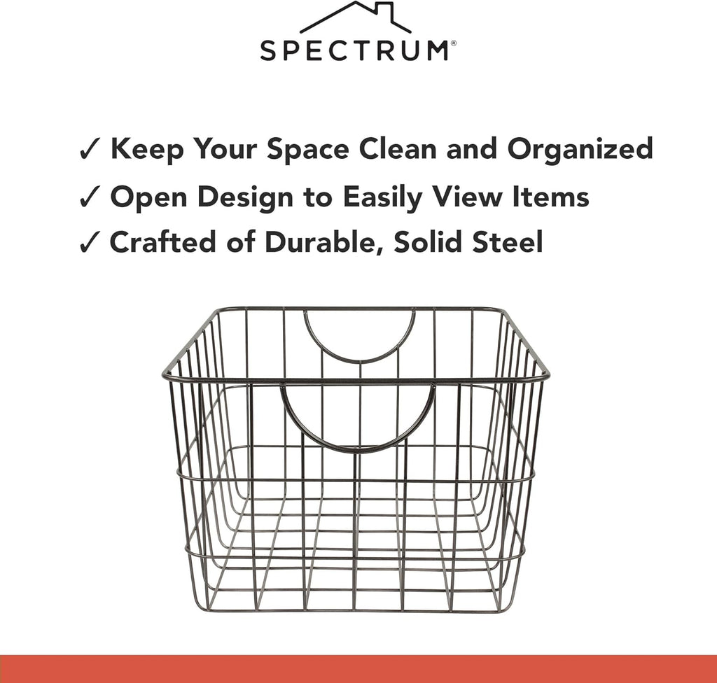 Spectrum Utility Wire Baskets for Organizing - Sturdy Steel Metal Basket Storage Organizer Bin with Handle - Open Wire Storage Baskets for Kitchen Pantry, Cabinets, Closet & Garage Shelves - Grand Goldman