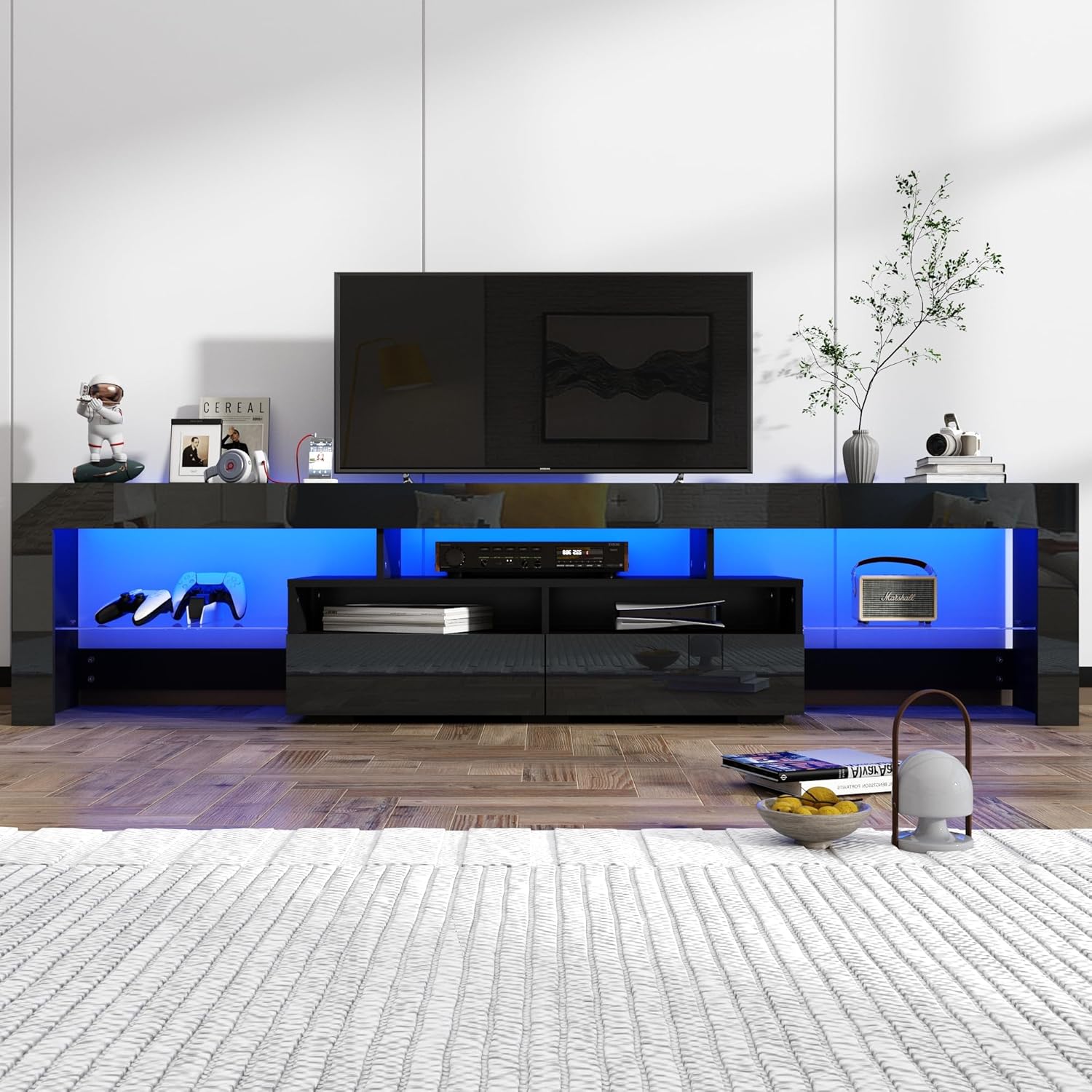 St.Mandyu LED TV Stand for 65/75/85 inch TV, High Glossy Modern Entertainment Center with Drawer and Led Lights, Television Table Media Console for Living Game Room Bedroom(Black) - Grand Goldman