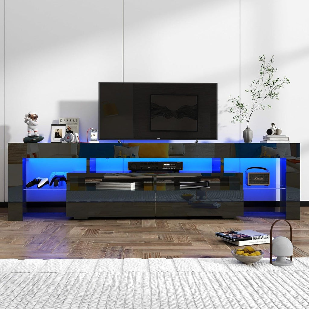 St.Mandyu LED TV Stand for 65/75/85 inch TV, High Glossy Modern Entertainment Center with Drawer and Led Lights, Television Table Media Console for Living Game Room Bedroom(Black) - Grand Goldman