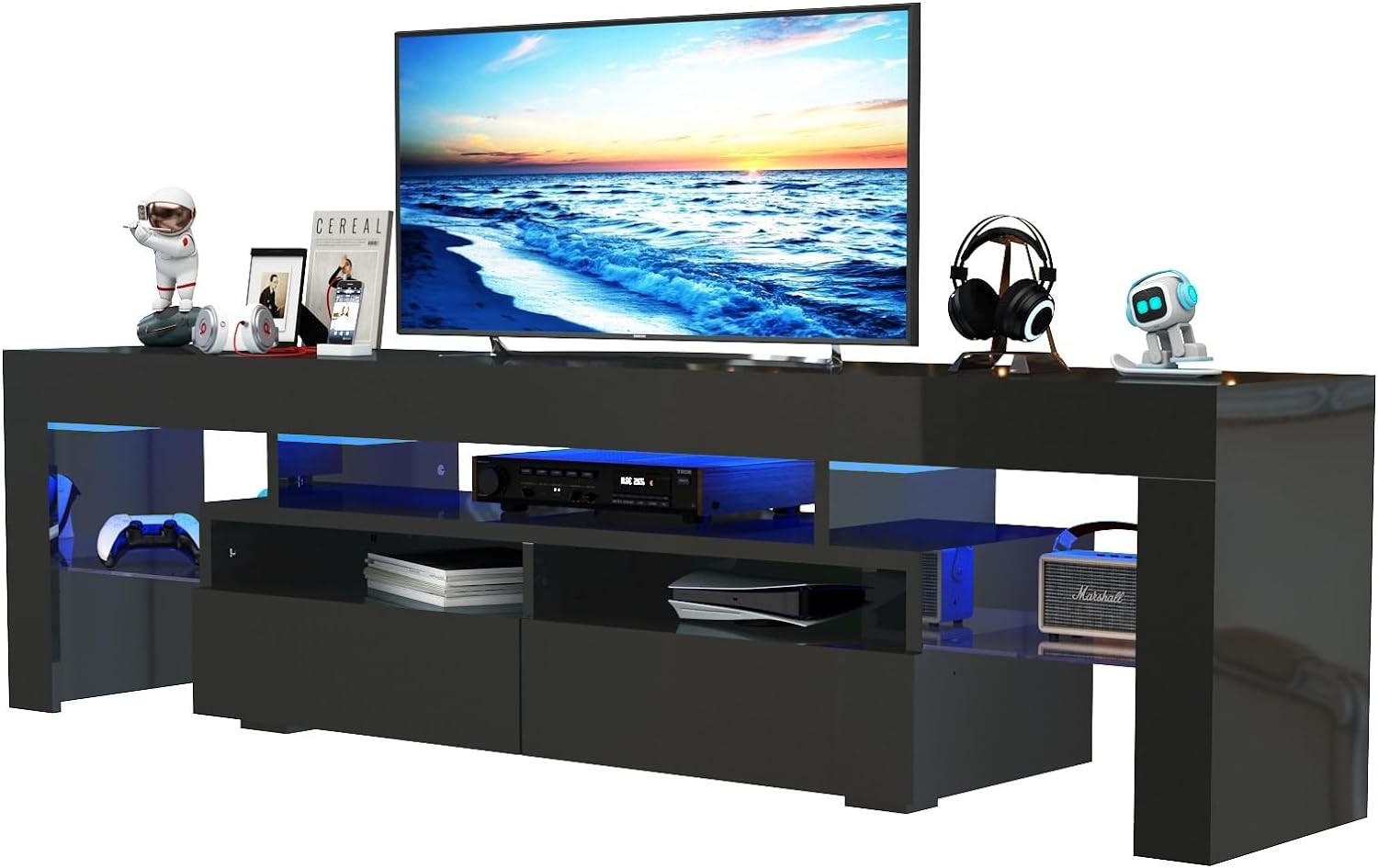 St.Mandyu LED TV Stand for 65/75/85 inch TV, High Glossy Modern Entertainment Center with Drawer and Led Lights, Television Table Media Console for Living Game Room Bedroom(Black) - Grand Goldman