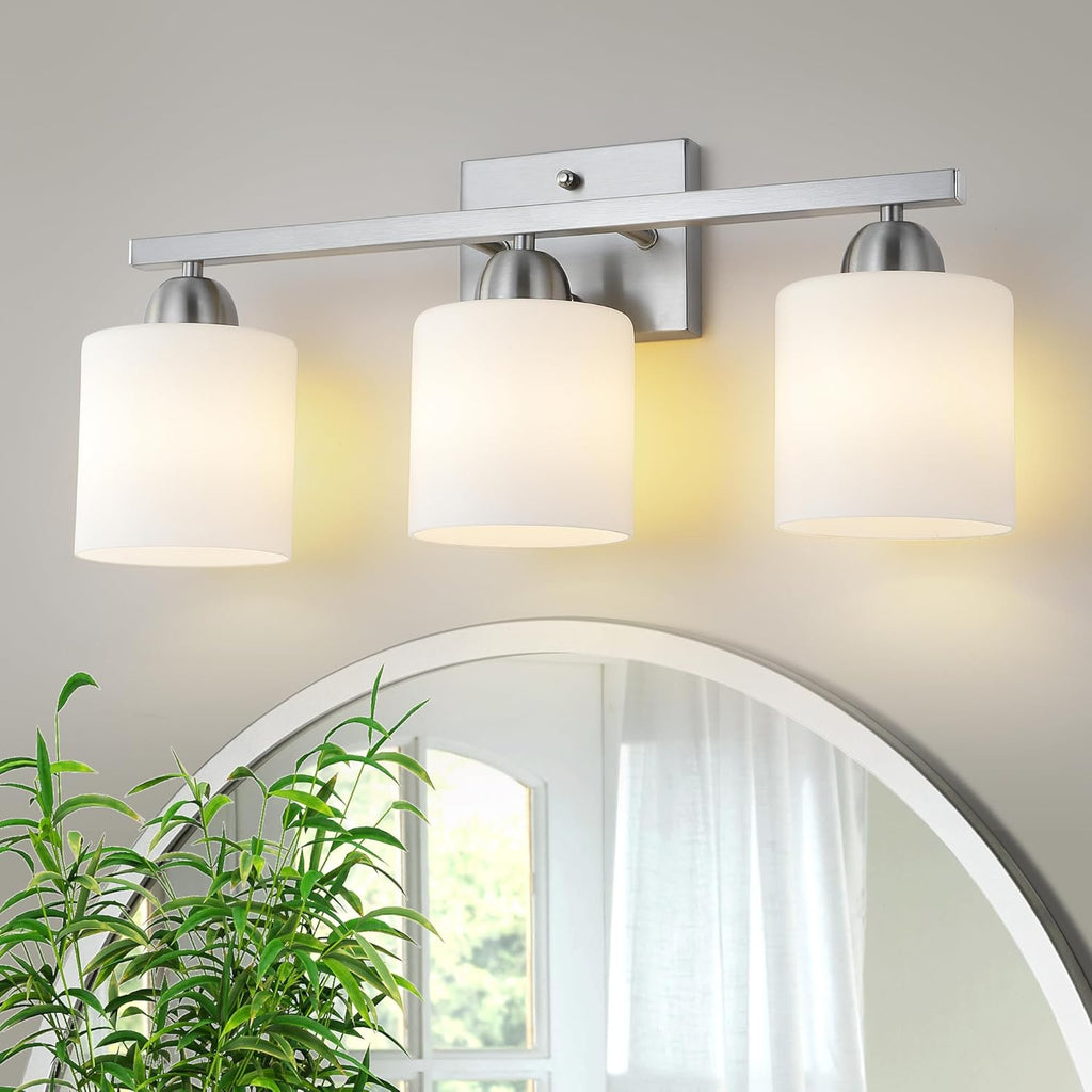 Stainless Steel Milk Glass Bathroom Vanity Light Over Mirror, 3 Light Brushed Gold Bathroom Light Fixtures with Frosted Glass, Modern Vanity Lighting Wall Mount - Grand Goldman