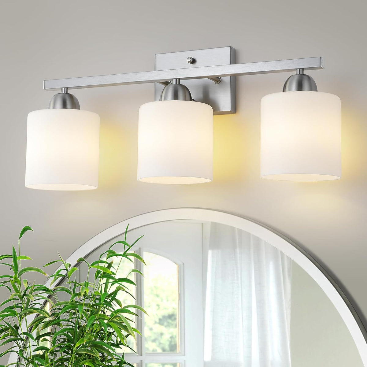 Stainless Steel Milk Glass Bathroom Vanity Light Over Mirror, 3 Light Brushed Gold Bathroom Light Fixtures with Frosted Glass, Modern Vanity Lighting Wall Mount - Grand Goldman