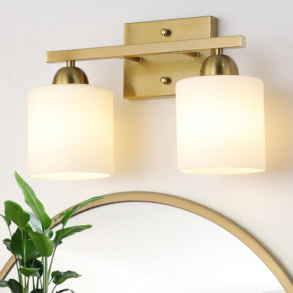 Stainless Steel Milk Glass Bathroom Vanity Light Over Mirror, 3 Light Brushed Gold Bathroom Light Fixtures with Frosted Glass, Modern Vanity Lighting Wall Mount - Grand Goldman