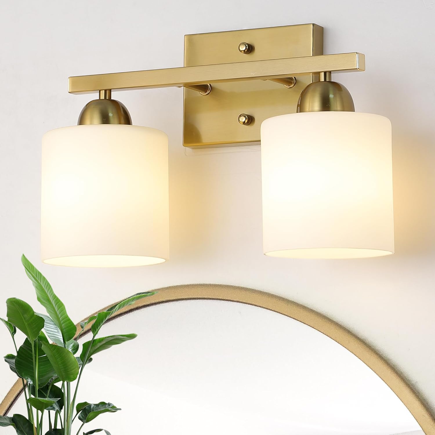 Stainless Steel Milk Glass Bathroom Vanity Light Over Mirror, 3 Light Brushed Gold Bathroom Light Fixtures with Frosted Glass, Modern Vanity Lighting Wall Mount - Grand Goldman