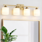 Stainless Steel Milk Glass Bathroom Vanity Light Over Mirror, 3 Light Brushed Gold Bathroom Light Fixtures with Frosted Glass, Modern Vanity Lighting Wall Mount - Grand Goldman