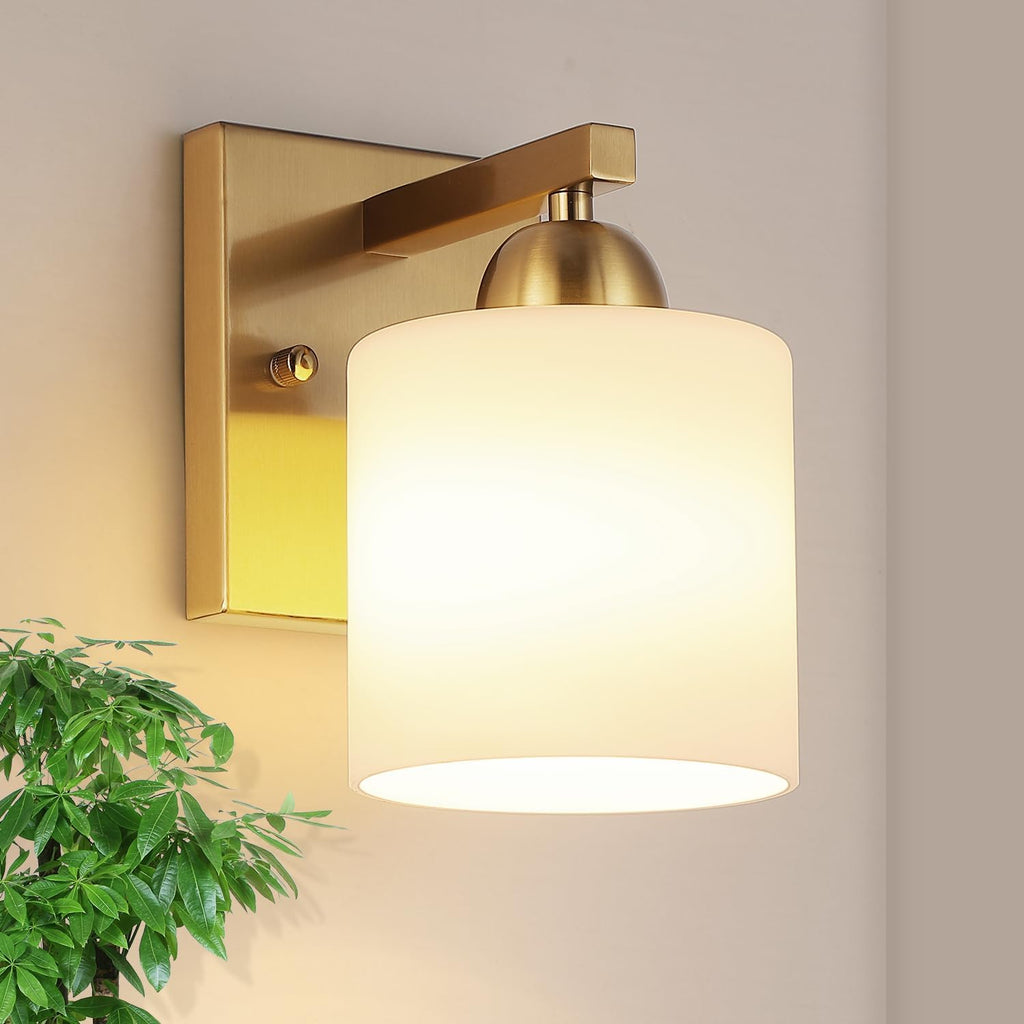 Stainless Steel Milk Glass Bathroom Vanity Light Over Mirror, 3 Light Brushed Gold Bathroom Light Fixtures with Frosted Glass, Modern Vanity Lighting Wall Mount - Grand Goldman