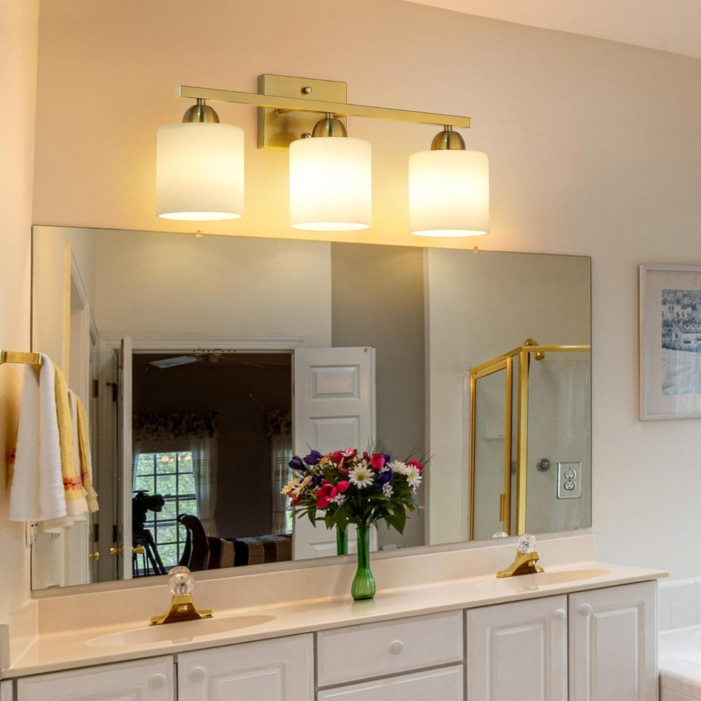 Stainless Steel Milk Glass Bathroom Vanity Light Over Mirror, 3 Light Brushed Gold Bathroom Light Fixtures with Frosted Glass, Modern Vanity Lighting Wall Mount - Grand Goldman
