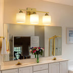 Stainless Steel Milk Glass Bathroom Vanity Light Over Mirror, 3 Light Brushed Gold Bathroom Light Fixtures with Frosted Glass, Modern Vanity Lighting Wall Mount - Grand Goldman