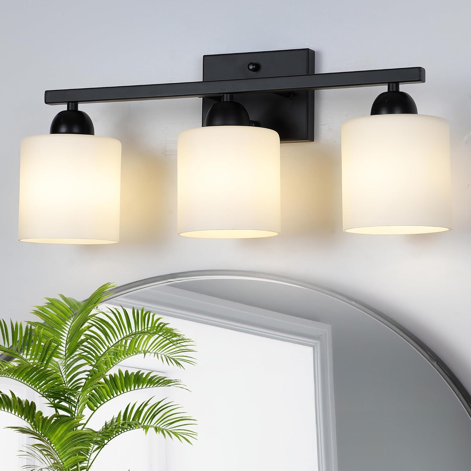 Stainless Steel Milk Glass Bathroom Vanity Light Over Mirror, 3 Light Brushed Gold Bathroom Light Fixtures with Frosted Glass, Modern Vanity Lighting Wall Mount - Grand Goldman