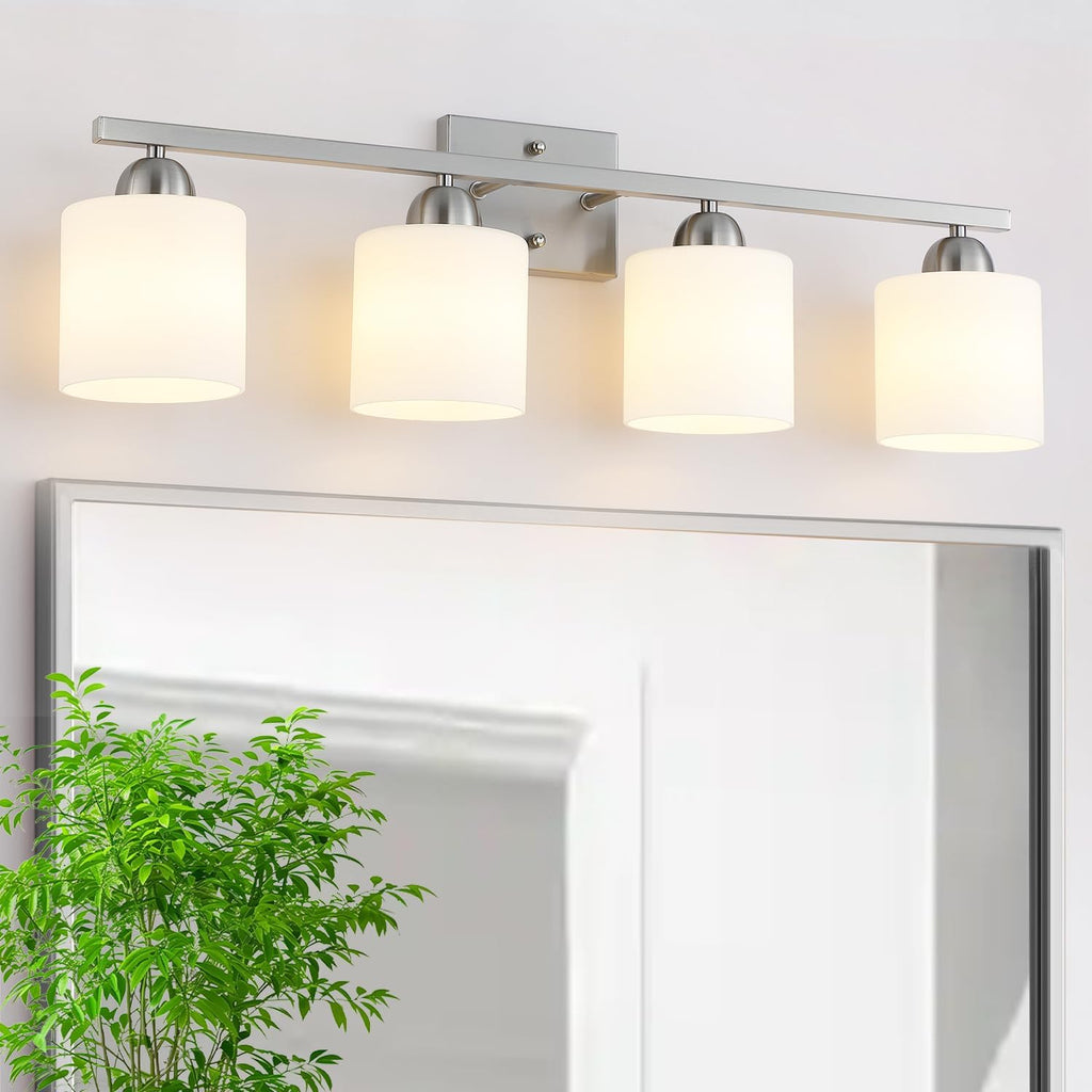 Stainless Steel Milk Glass Bathroom Vanity Light Over Mirror, 3 Light Brushed Gold Bathroom Light Fixtures with Frosted Glass, Modern Vanity Lighting Wall Mount - Grand Goldman