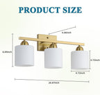 Stainless Steel Milk Glass Bathroom Vanity Light Over Mirror, 3 Light Brushed Gold Bathroom Light Fixtures with Frosted Glass, Modern Vanity Lighting Wall Mount - Grand Goldman
