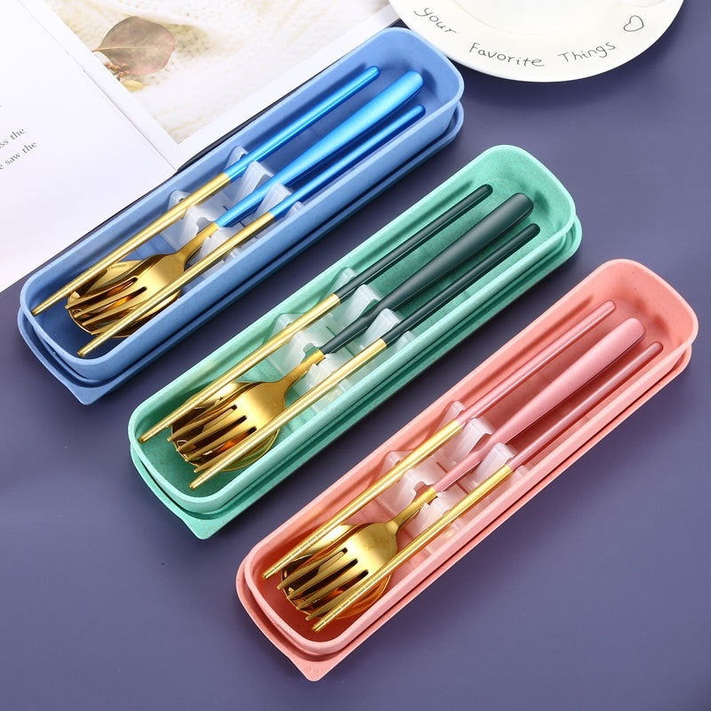 Stainless Steel Portable Tableware Student Spoon Fork Including Chopsticks Storage Set - Grand Goldman