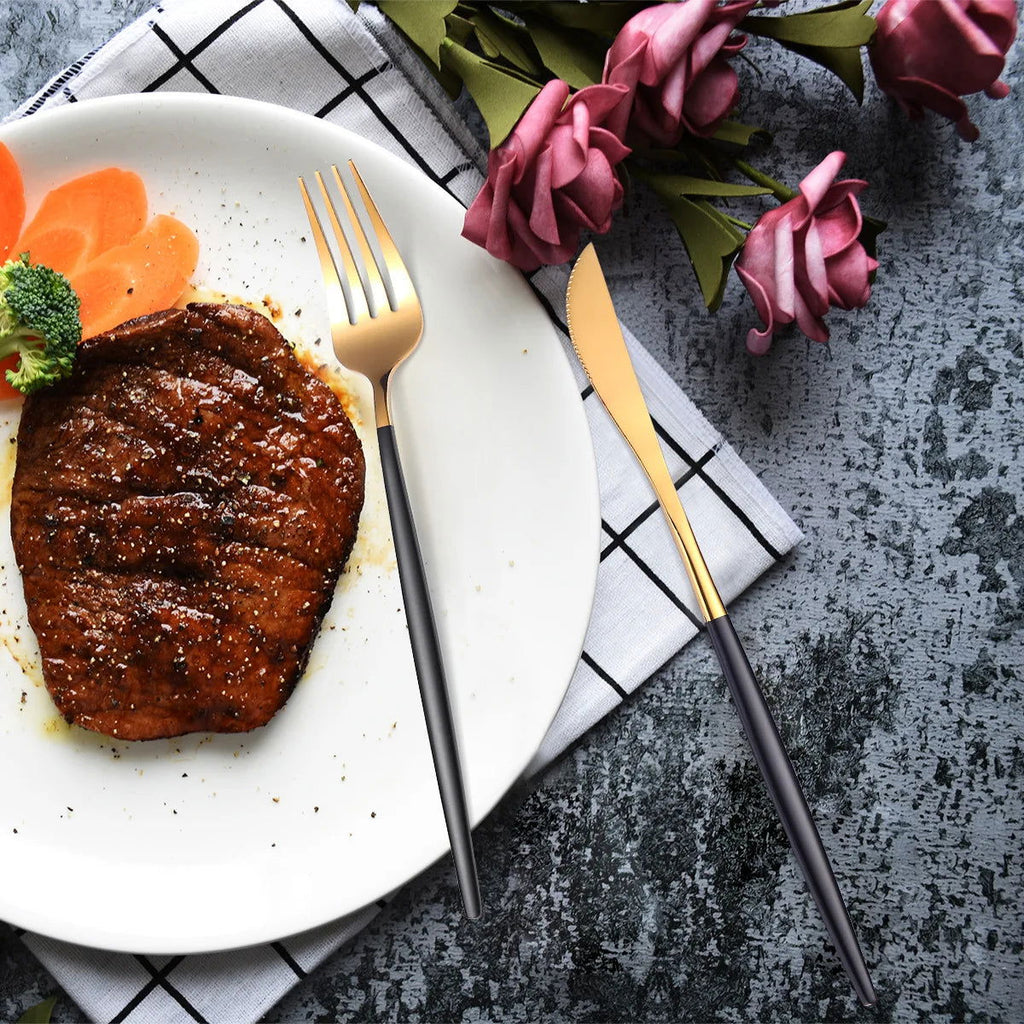 Stainless steel knife, fork, spoon, gold-plated and painted 24 piece tableware set - Grand Goldman