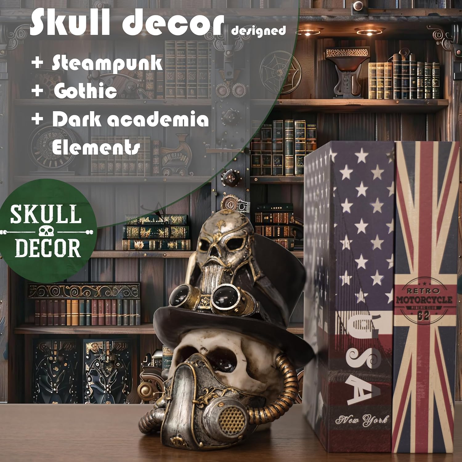 Steampunk Skull Decor, Gothic Head Sculptures for Home Decor, Goth Skull Statues, Dark Academia Decor, Halloween Decor, Spooky Home Decor.(skulldecor01) - Grand Goldman