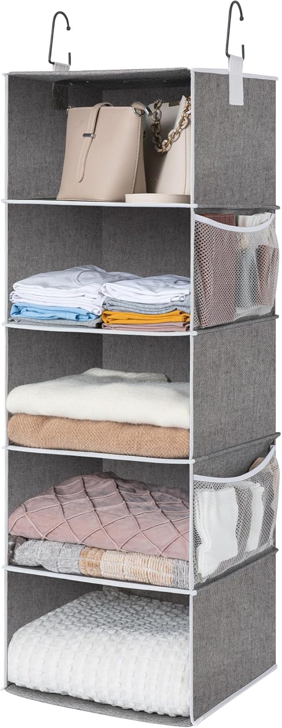 StorageWorks 5-Shelf Jumbo Hanging Storage Closet, Hanging Organizer for Closet Rod, Hanging Cloth Organizer Storage, Canvas, Gray, 13" D x 15" W x 47 ¾" H - Grand Goldman