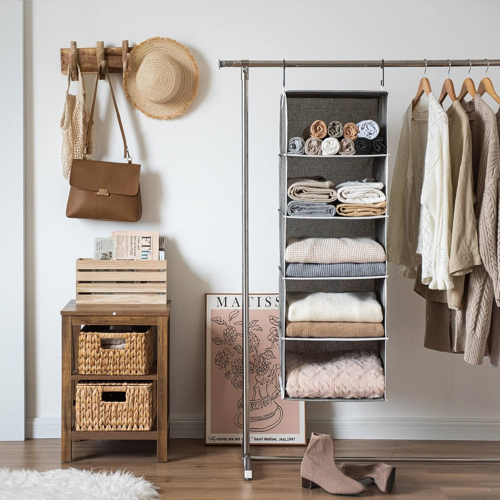 StorageWorks 5-Shelf Jumbo Hanging Storage Closet, Hanging Organizer for Closet Rod, Hanging Cloth Organizer Storage, Canvas, Gray, 13" D x 15" W x 47 ¾" H - Grand Goldman