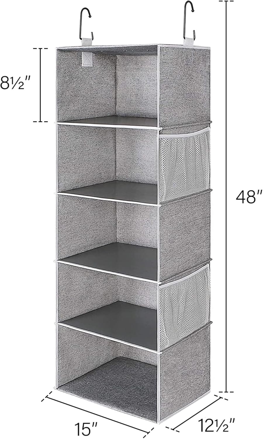 StorageWorks 5-Shelf Jumbo Hanging Storage Closet, Hanging Organizer for Closet Rod, Hanging Cloth Organizer Storage, Canvas, Gray, 13" D x 15" W x 47 ¾" H - Grand Goldman