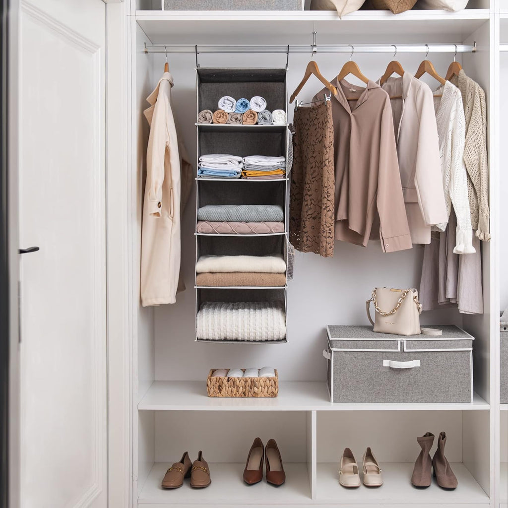 StorageWorks 5-Shelf Jumbo Hanging Storage Closet, Hanging Organizer for Closet Rod, Hanging Cloth Organizer Storage, Canvas, Gray, 13" D x 15" W x 47 ¾" H - Grand Goldman