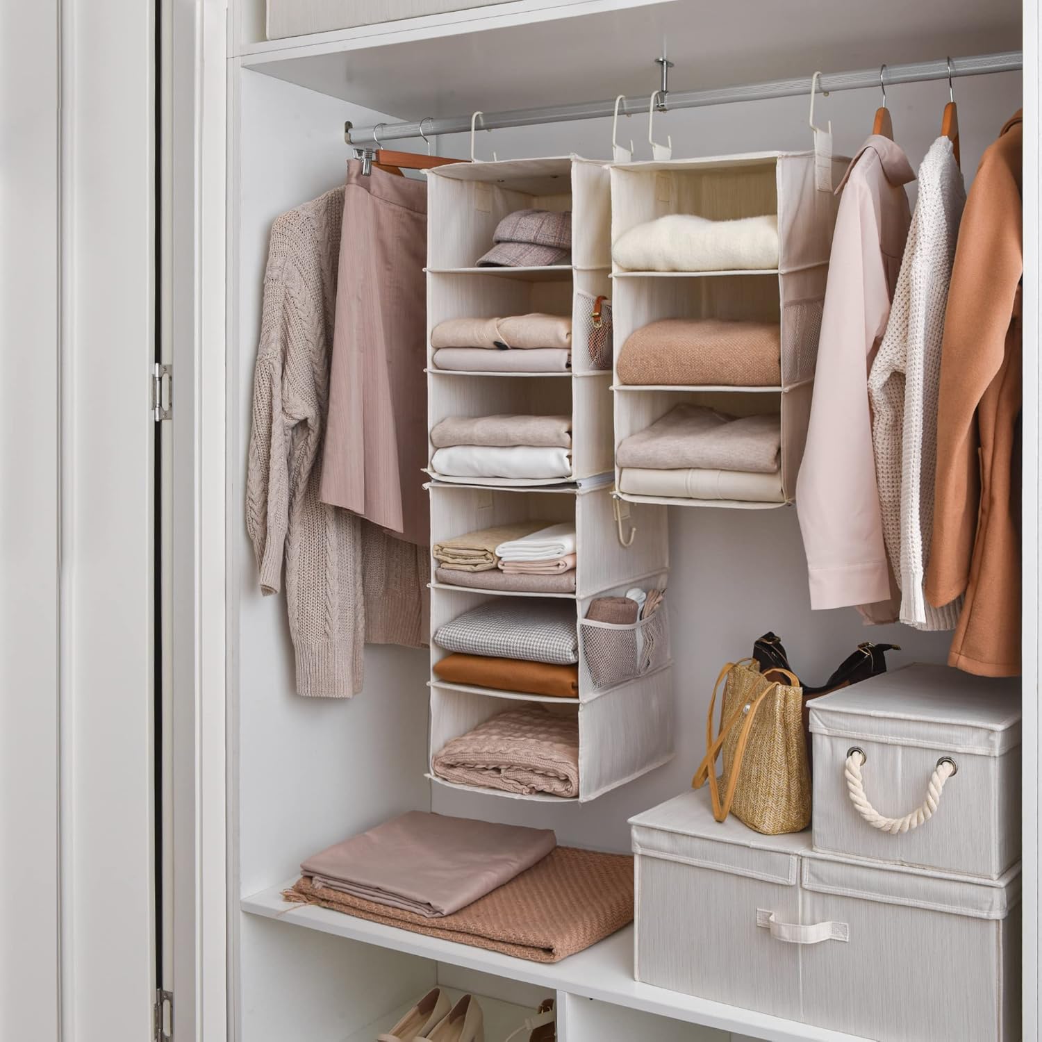 StorageWorks 6-Shelf Hanging Closet Organizers, Two 3-Shelf Separable Closet Hanging Shelves, 12" D x 12" W x 48 3⁄4" H, Mixing of Beige, White & Ivory - Grand Goldman