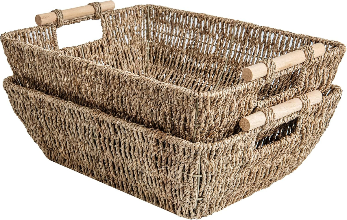 StorageWorks Hand-Woven Large Storage Baskets with Wooden Handles, Water Hyacinth Wicker Baskets for Organizing, 2-Pack - Grand Goldman
