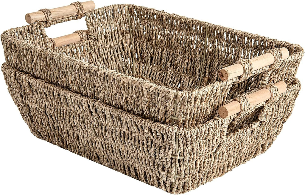 StorageWorks Hand-Woven Large Storage Baskets with Wooden Handles, Water Hyacinth Wicker Baskets for Organizing, 2-Pack - Grand Goldman