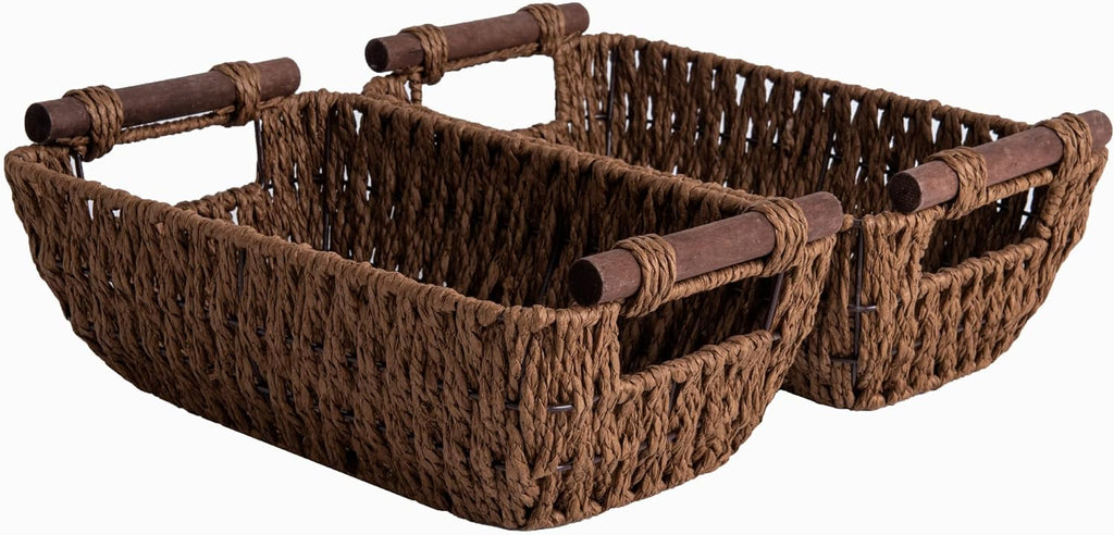 StorageWorks Hand-Woven Large Storage Baskets with Wooden Handles, Water Hyacinth Wicker Baskets for Organizing, 2-Pack - Grand Goldman