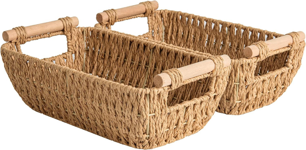 StorageWorks Hand-Woven Large Storage Baskets with Wooden Handles, Water Hyacinth Wicker Baskets for Organizing, 2-Pack - Grand Goldman