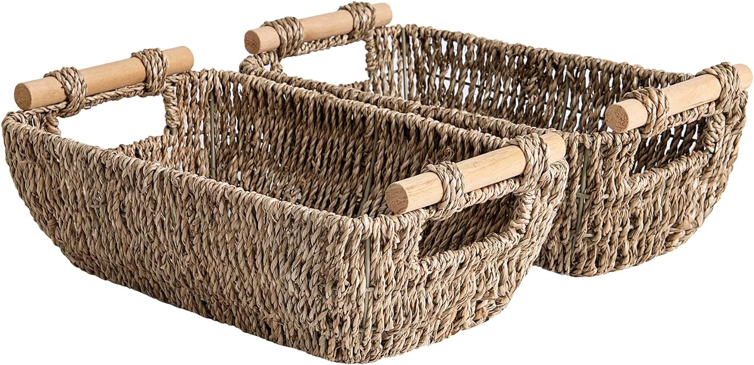 StorageWorks Hand-Woven Large Storage Baskets with Wooden Handles, Water Hyacinth Wicker Baskets for Organizing, 2-Pack - Grand Goldman