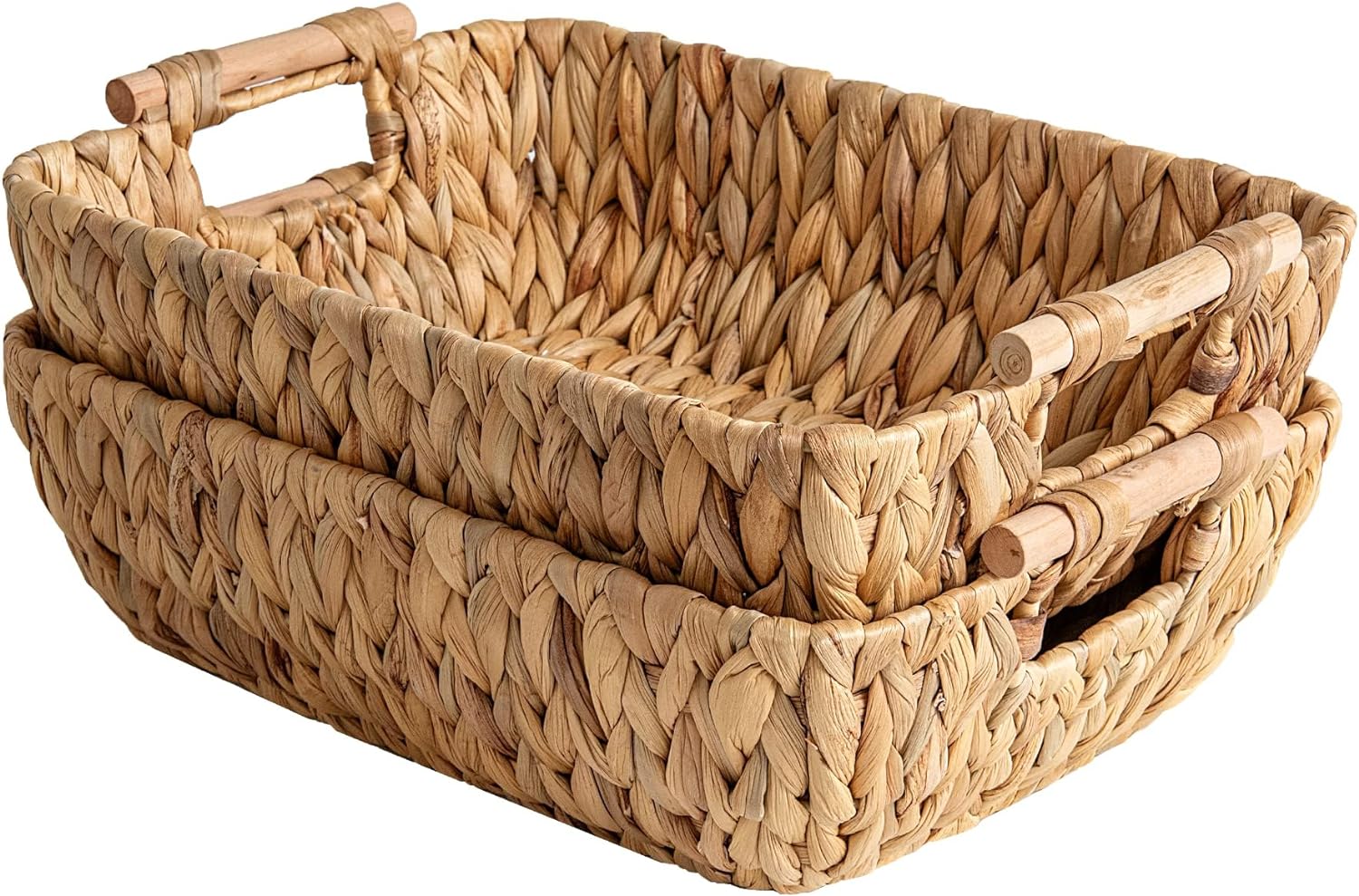 StorageWorks Hand-Woven Large Storage Baskets with Wooden Handles, Water Hyacinth Wicker Baskets for Organizing, 2-Pack - Grand Goldman