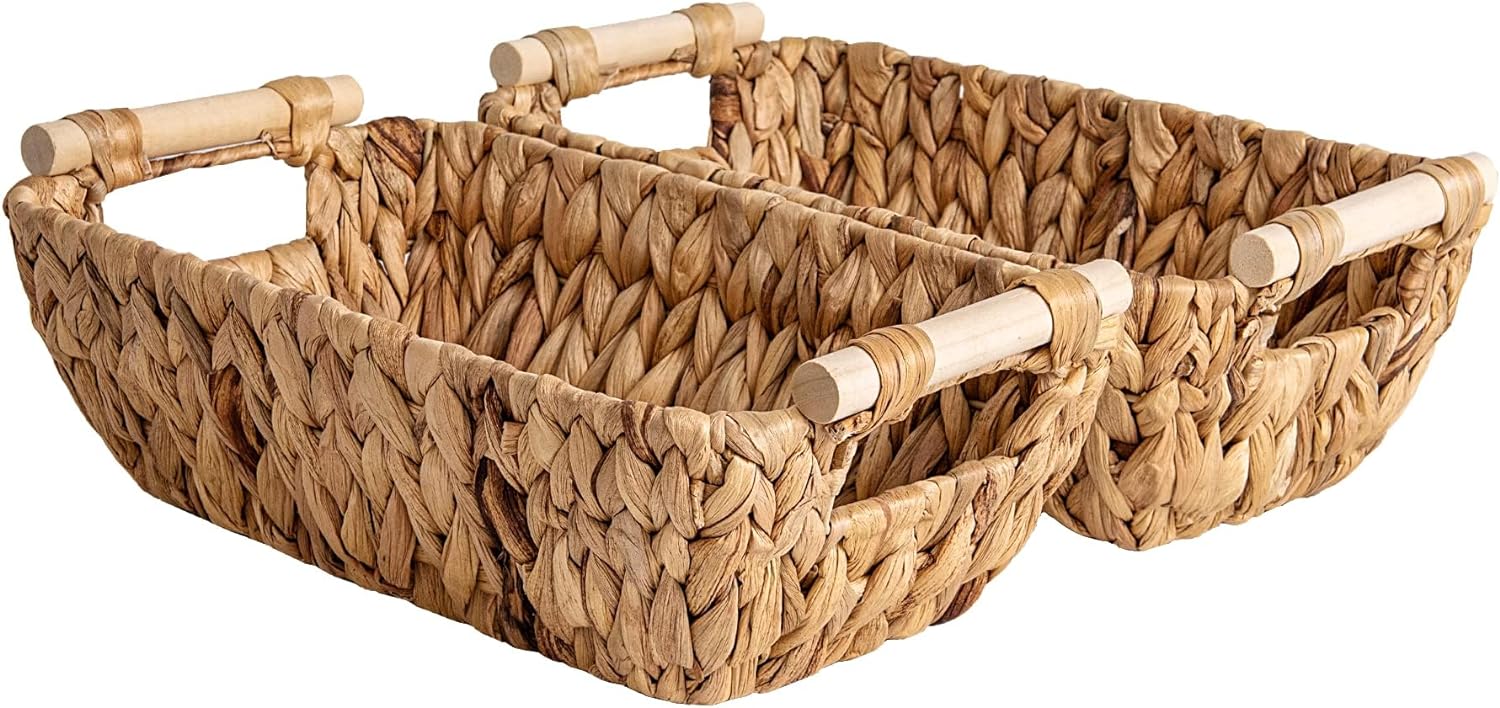 StorageWorks Hand-Woven Large Storage Baskets with Wooden Handles, Water Hyacinth Wicker Baskets for Organizing, 2-Pack - Grand Goldman