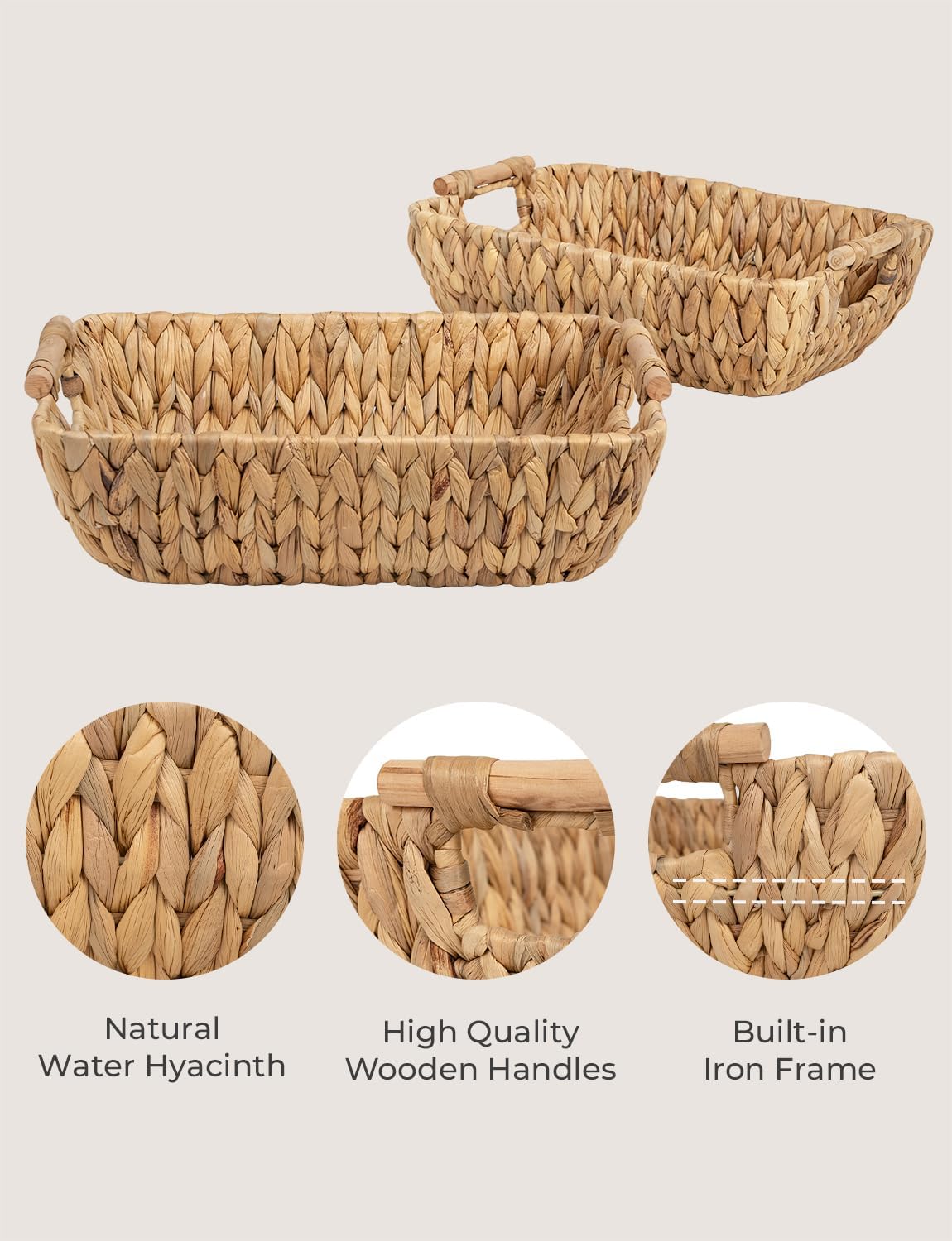 StorageWorks Hand-Woven Large Storage Baskets with Wooden Handles, Water Hyacinth Wicker Baskets for Organizing, 2-Pack - Grand Goldman