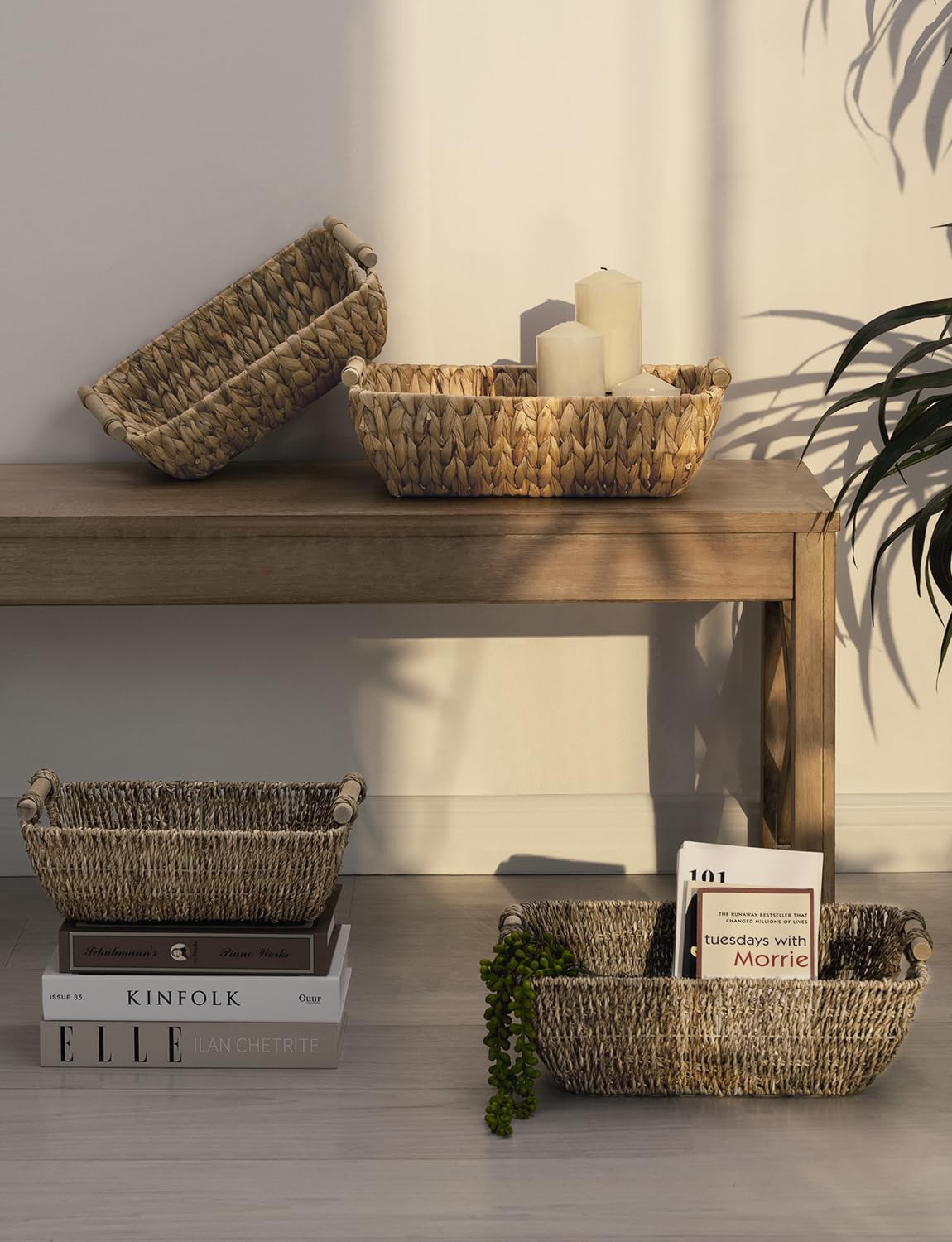 StorageWorks Hand-Woven Large Storage Baskets with Wooden Handles, Water Hyacinth Wicker Baskets for Organizing, 2-Pack - Grand Goldman