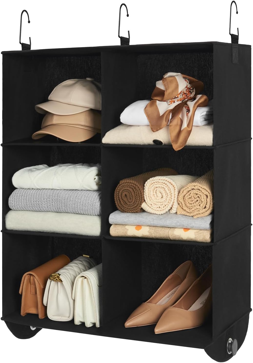 StorageWorks Hanging Closet Organizer with Garment Rod, 4 Section Closet Hanging Shelves, Hanging Clothes Cube Organizer, White & Ivory, 12 ¼" D x 24 ½" W x 28" H - Grand Goldman