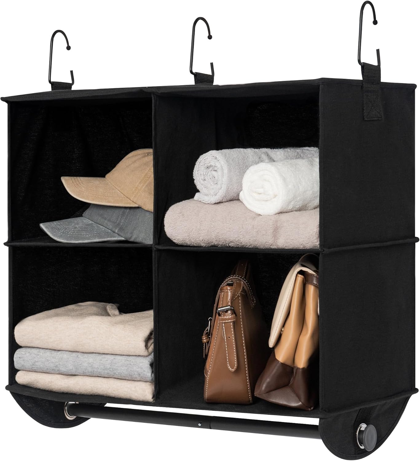 StorageWorks Hanging Closet Organizer with Garment Rod, 4 Section Closet Hanging Shelves, Hanging Clothes Cube Organizer, White & Ivory, 12 ¼" D x 24 ½" W x 28" H - Grand Goldman