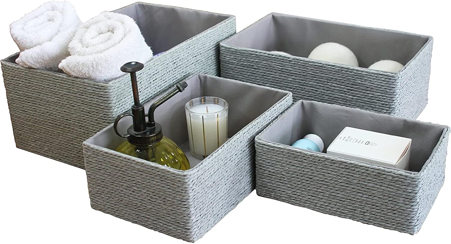 Storage Baskets Set 4 - Stackable Woven Basket Paper Rope Bin, Storage Boxes for Makeup Closet Bathroom Bedroom (Beige) - Grand Goldman