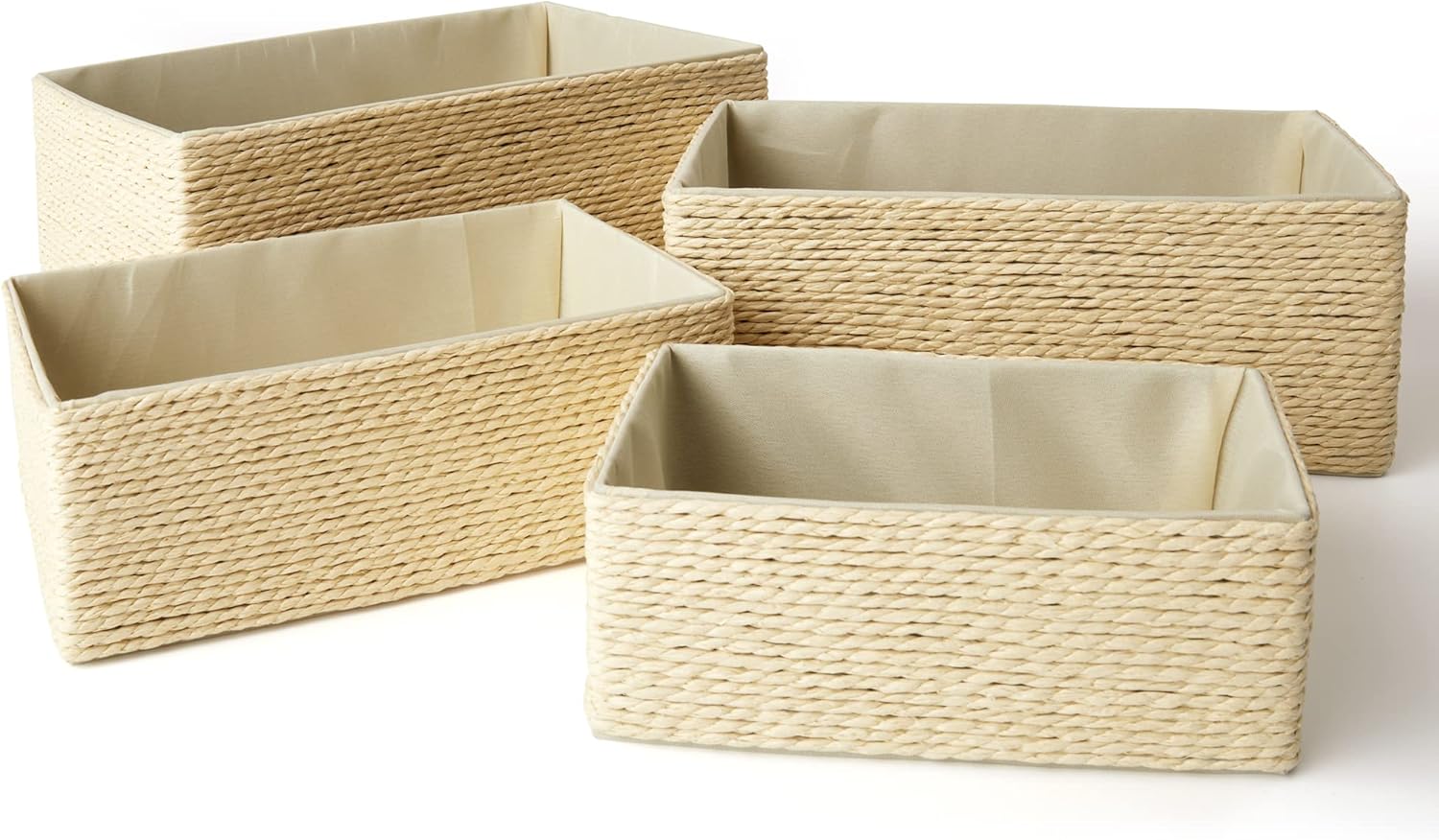 Storage Baskets Set 4 - Stackable Woven Basket Paper Rope Bin, Storage Boxes for Makeup Closet Bathroom Bedroom (Beige) - Grand Goldman