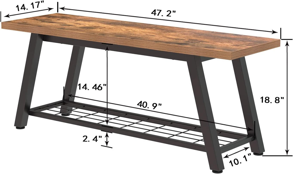 Storage Bench Industrial Rustic Wooden and Metal Entryway Shoe Boots Storage Rack Long Bench Seat for Hallway Bedroom Retro Brown Farmhouse Style - Grand Goldman