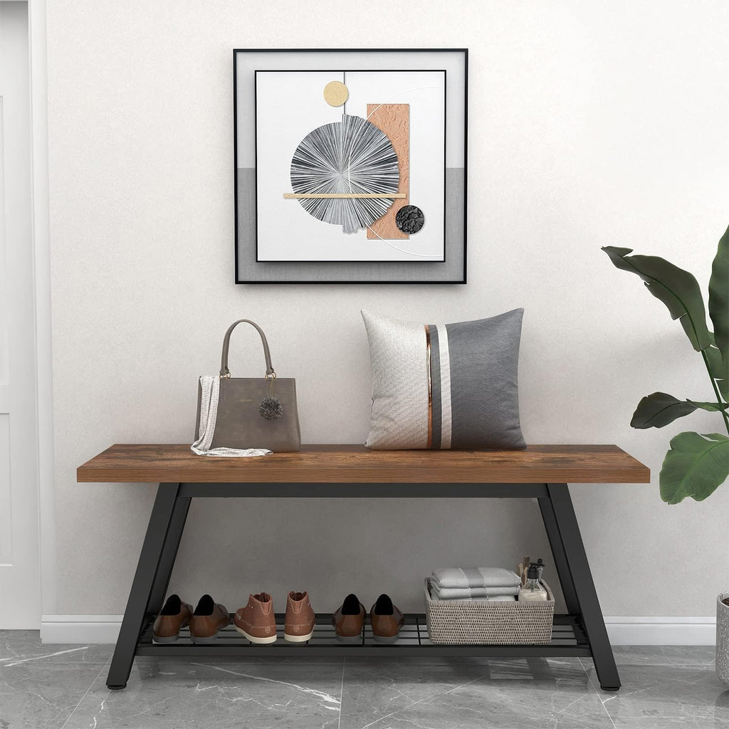 Storage Bench Industrial Rustic Wooden and Metal Entryway Shoe Boots Storage Rack Long Bench Seat for Hallway Bedroom Retro Brown Farmhouse Style - Grand Goldman