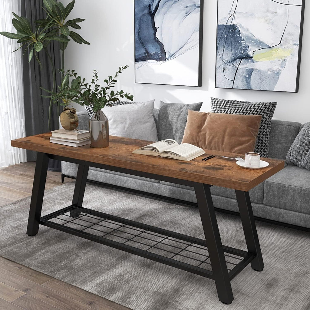 Storage Bench Industrial Rustic Wooden and Metal Entryway Shoe Boots Storage Rack Long Bench Seat for Hallway Bedroom Retro Brown Farmhouse Style - Grand Goldman